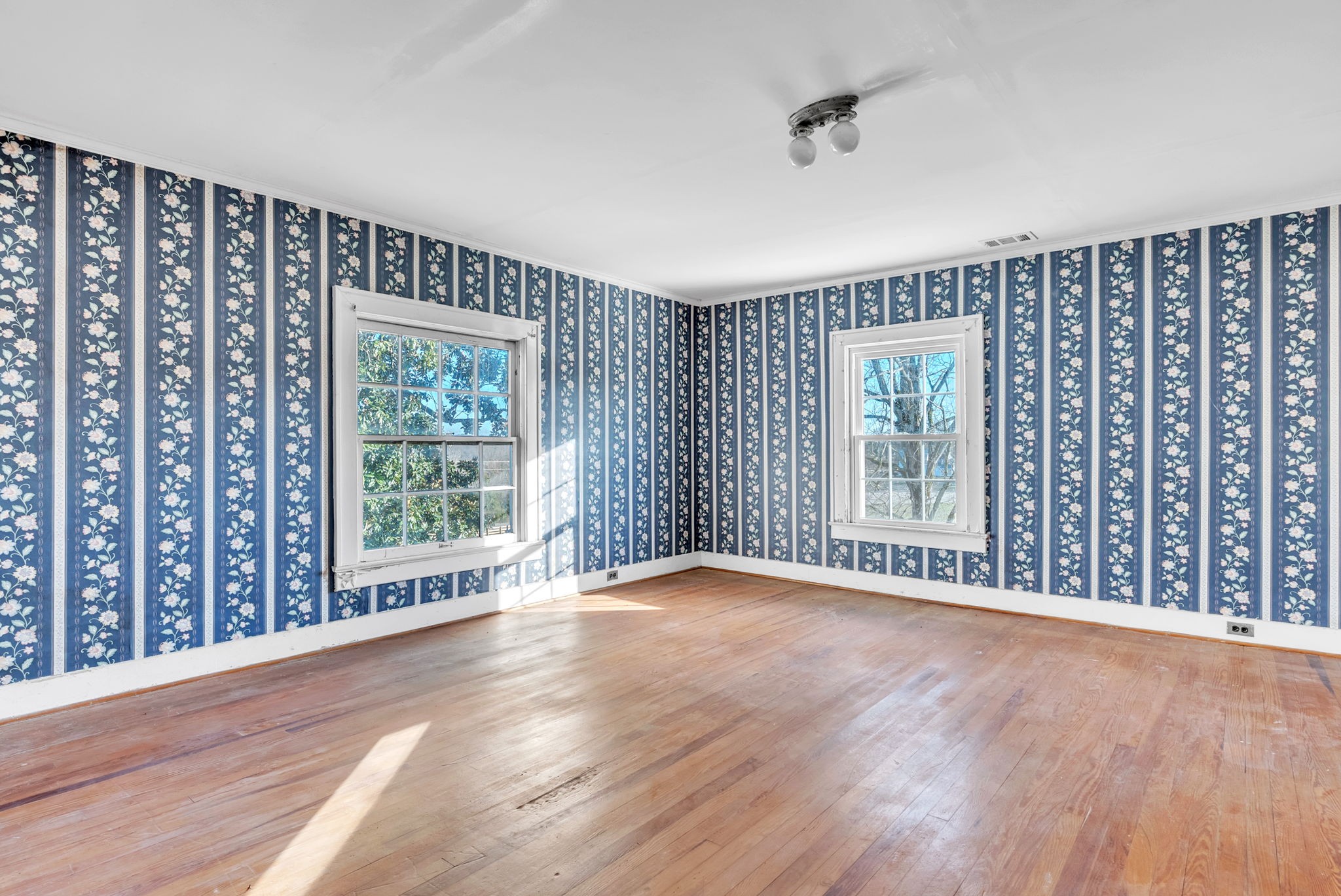 Empty room with blue floral wallpaper, two windows, and sunlit hardwood floors.