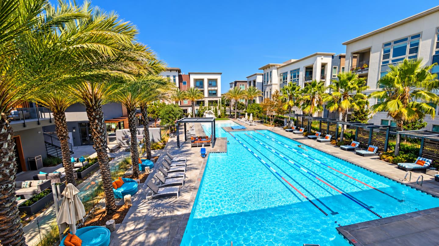 Outdoor lap pool surrounded by palm trees, lounge chairs, and modern apartment buildings.