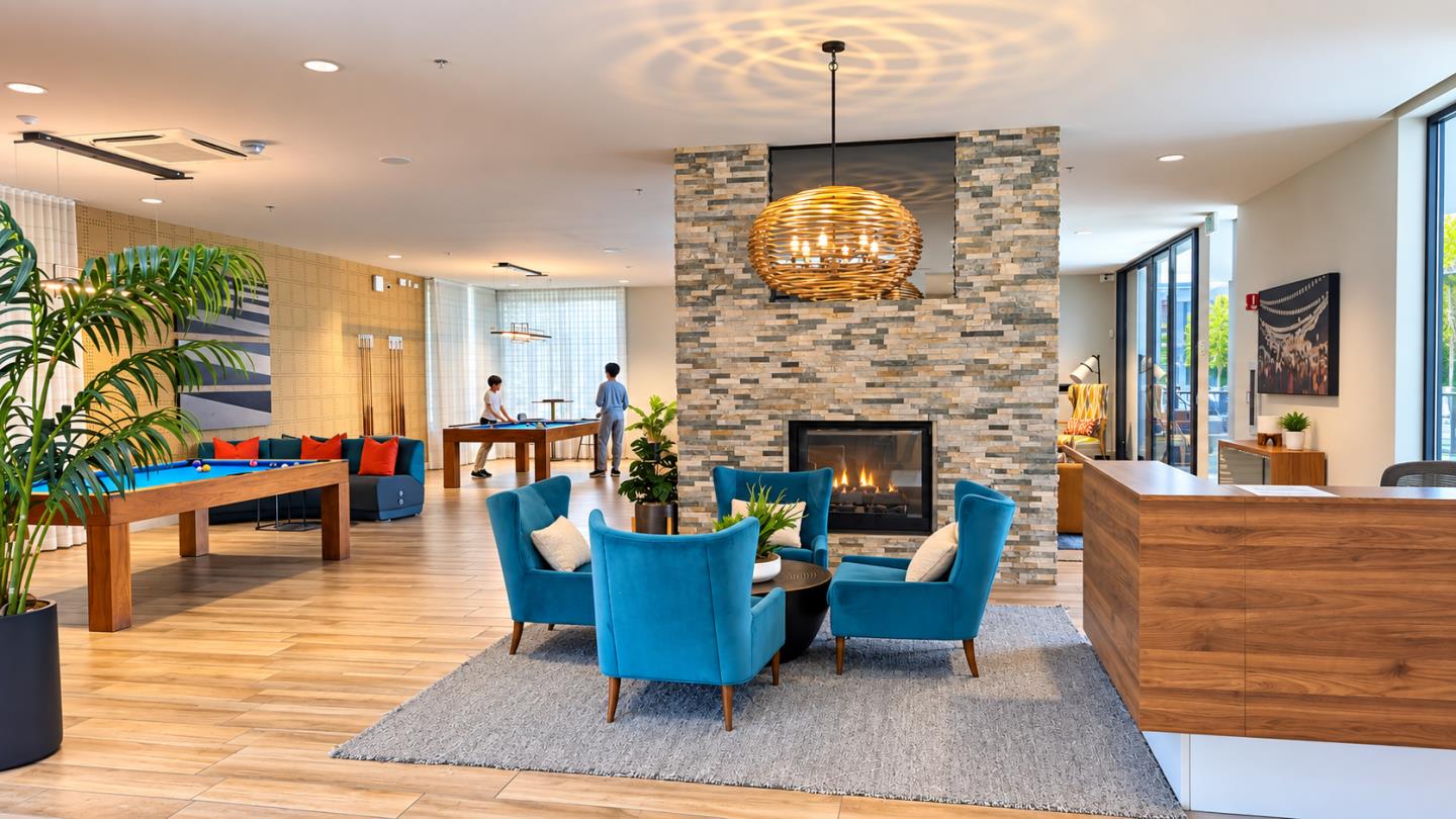 Community lounge with a stone fireplace, blue chairs, and a pool table.