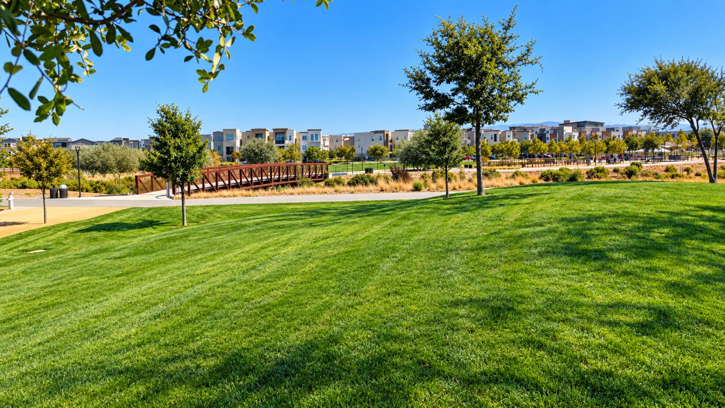 Landscaped park with a broad lawn, red pedestrian bridge, and modern homes in the background.