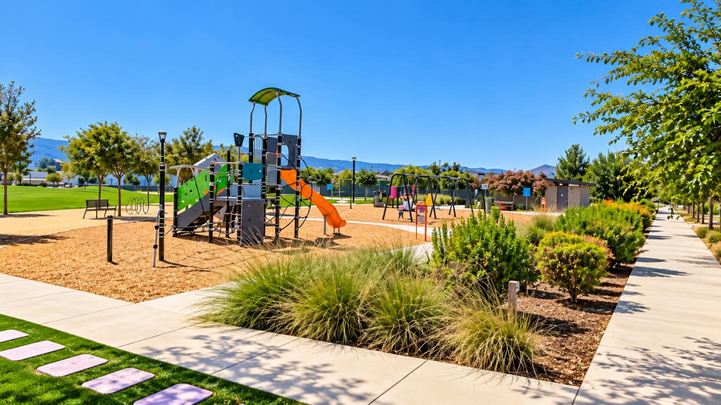 Neighborhood playground with colorful slides and swings beside landscaped paths and a green lawn.
