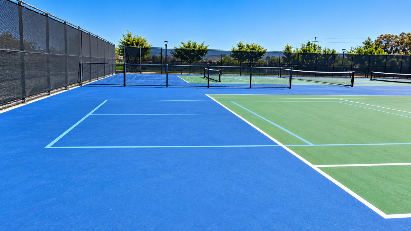 Outdoor tennis courts with blue and green surfaces, multiple nets, and black fencing.
