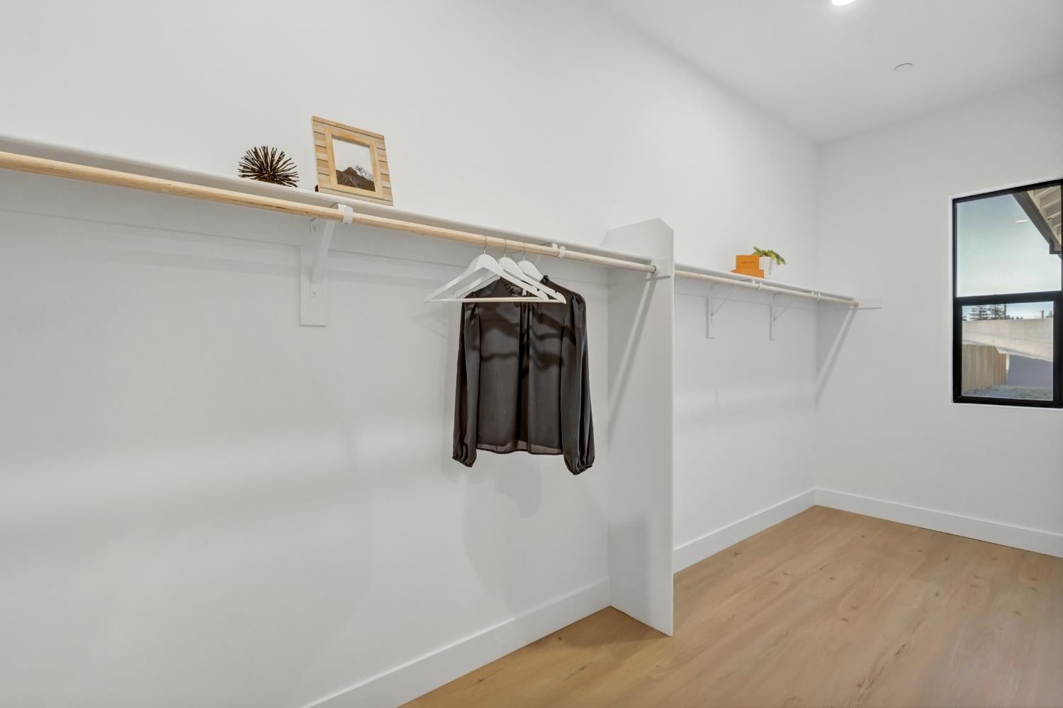 Walk-in closet with long open hanging rods, a dark blouse, light wood flooring, and a black-framed window.