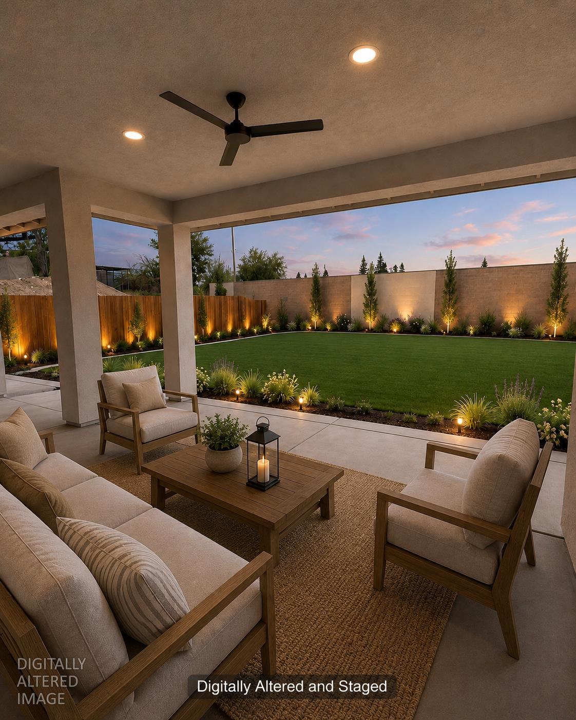 Covered patio with staged seating overlooking a landscaped lawn at dusk.