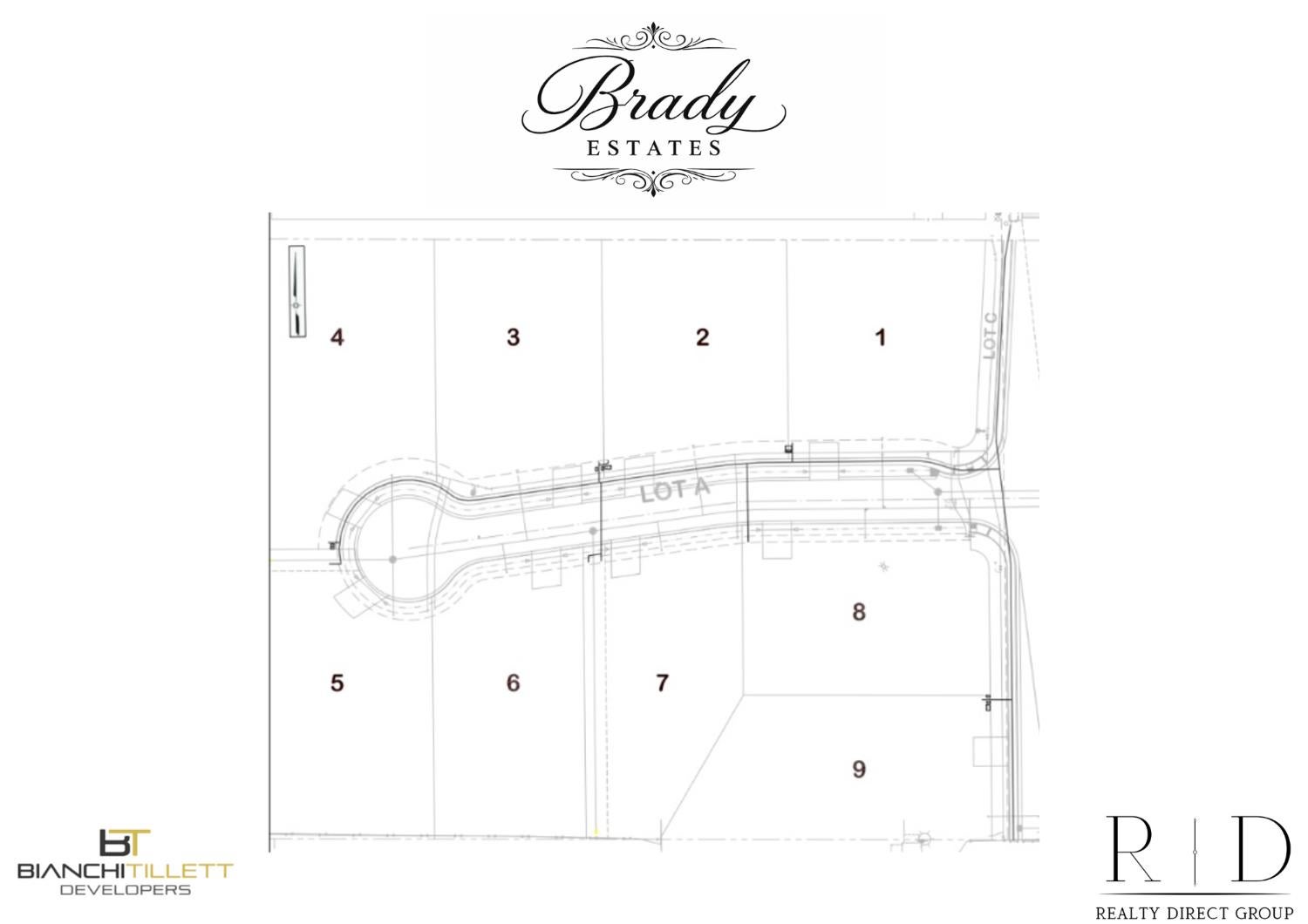 Brady Estates subdivision site plan with nine numbered lots along a curved road.