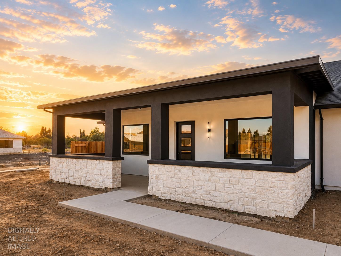 Modern home with a stone-fronted covered porch and concrete walkway at sunset.