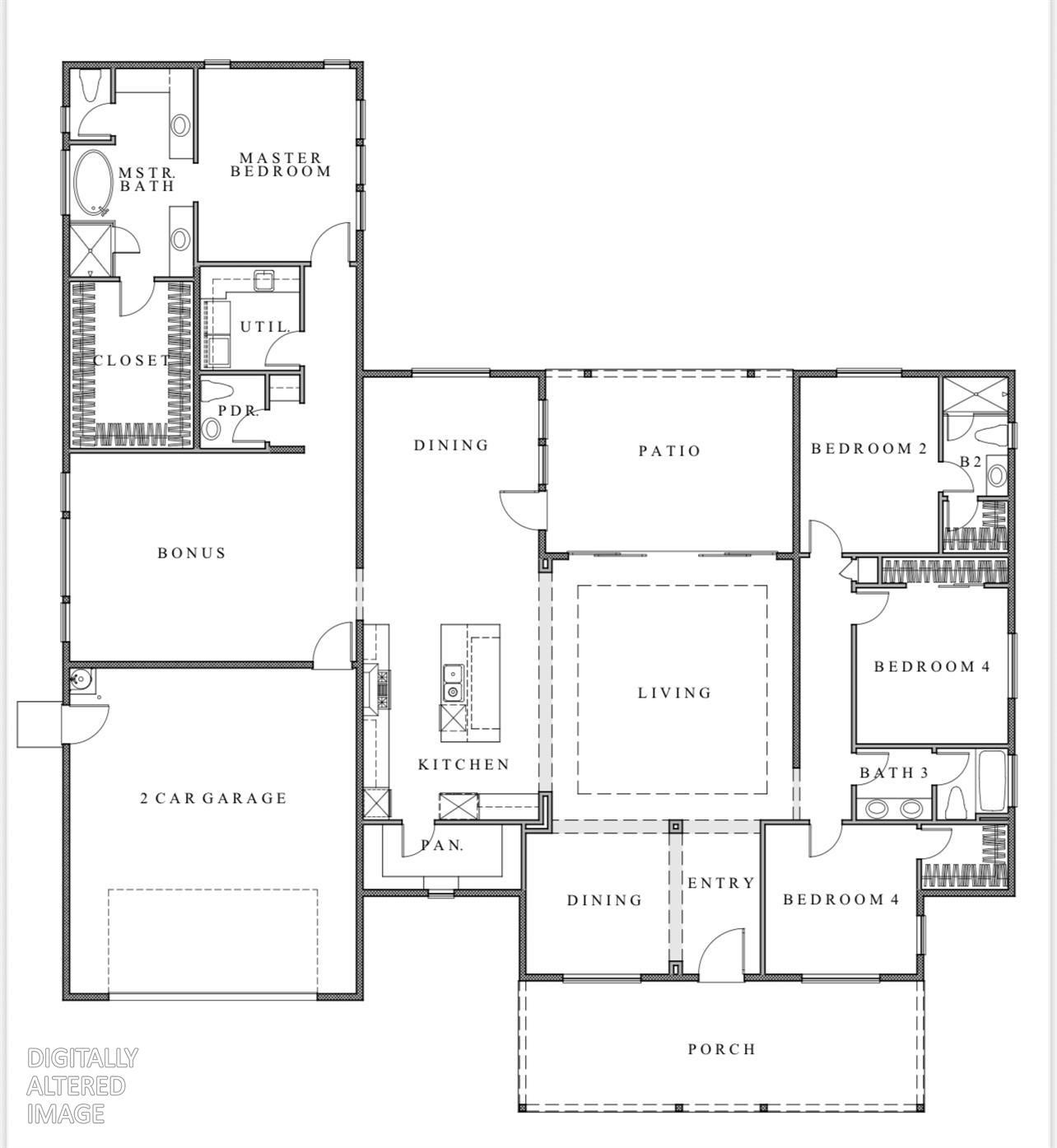 Floor plan showing the home's bedrooms, bathrooms, living areas, kitchen, bonus room, garage, patio, and porch.