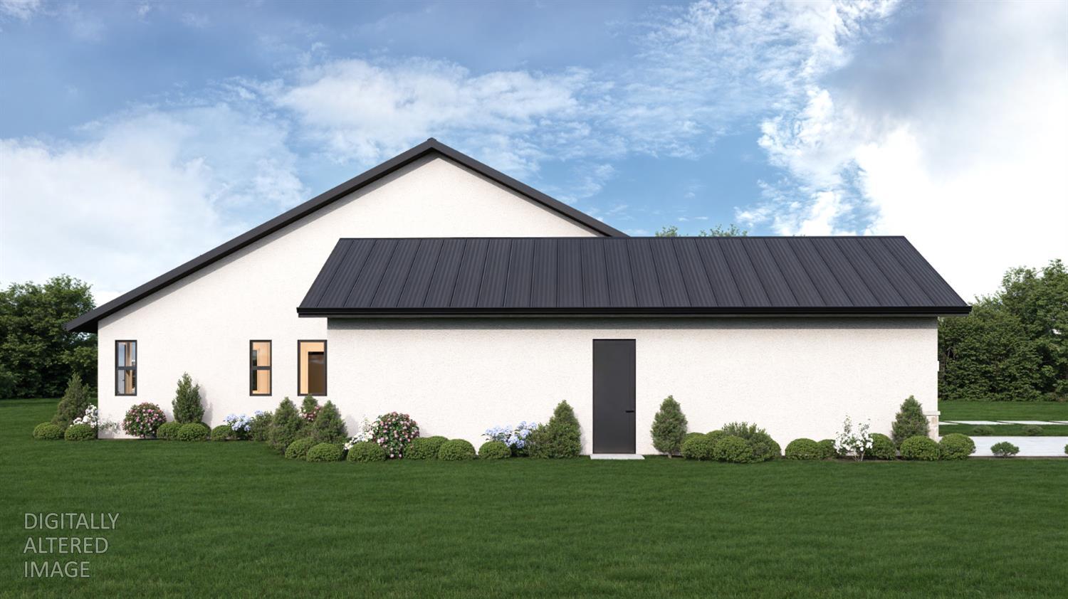 Digitally altered rendering of a white home with a dark metal roof and landscaped lawn.