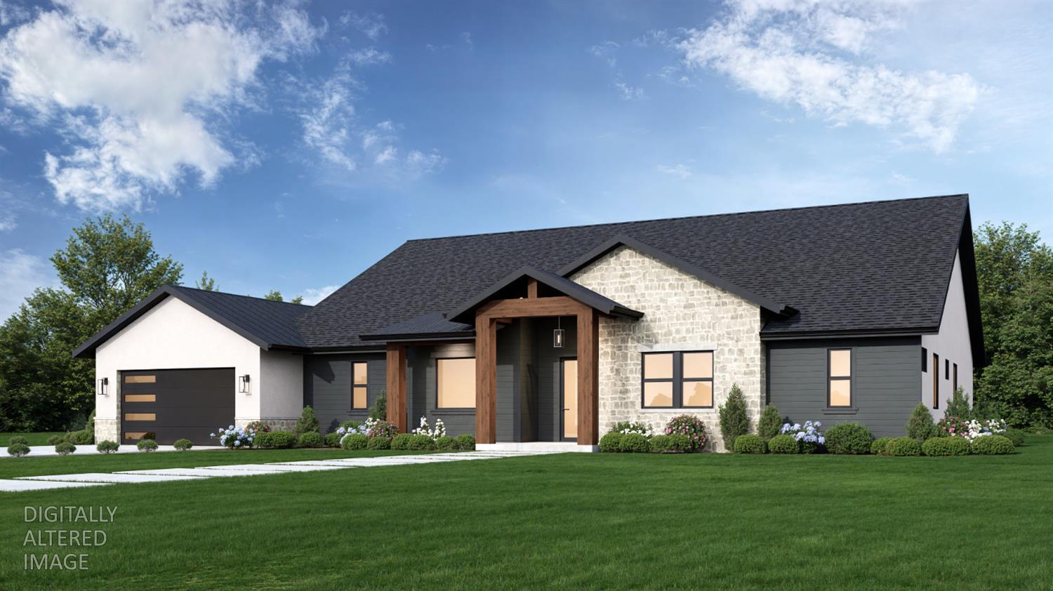 Modern single-story home with a stone facade, dark siding, and a covered timber entry.