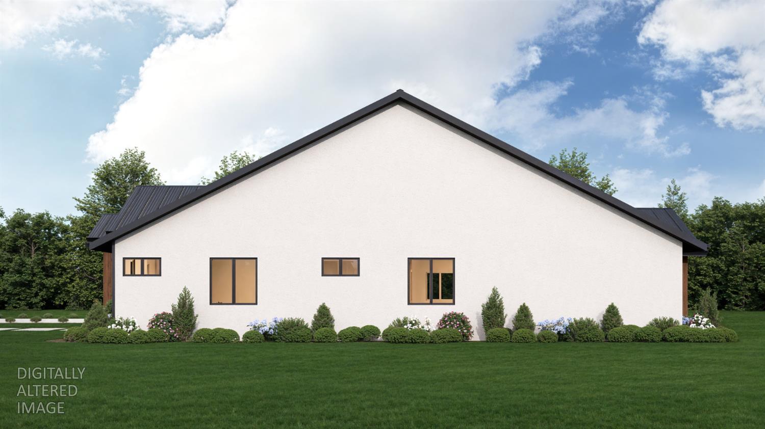 Digitally altered home rendering with white stucco walls, a dark gabled roof, and landscaped lawn.