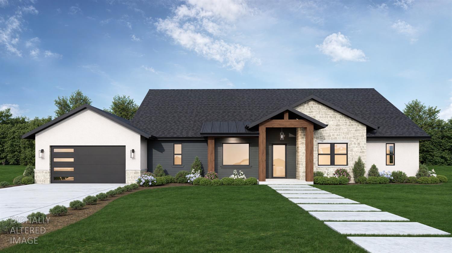 Modern single-story home with stone accents, a two-car garage, and a broad front walkway.
