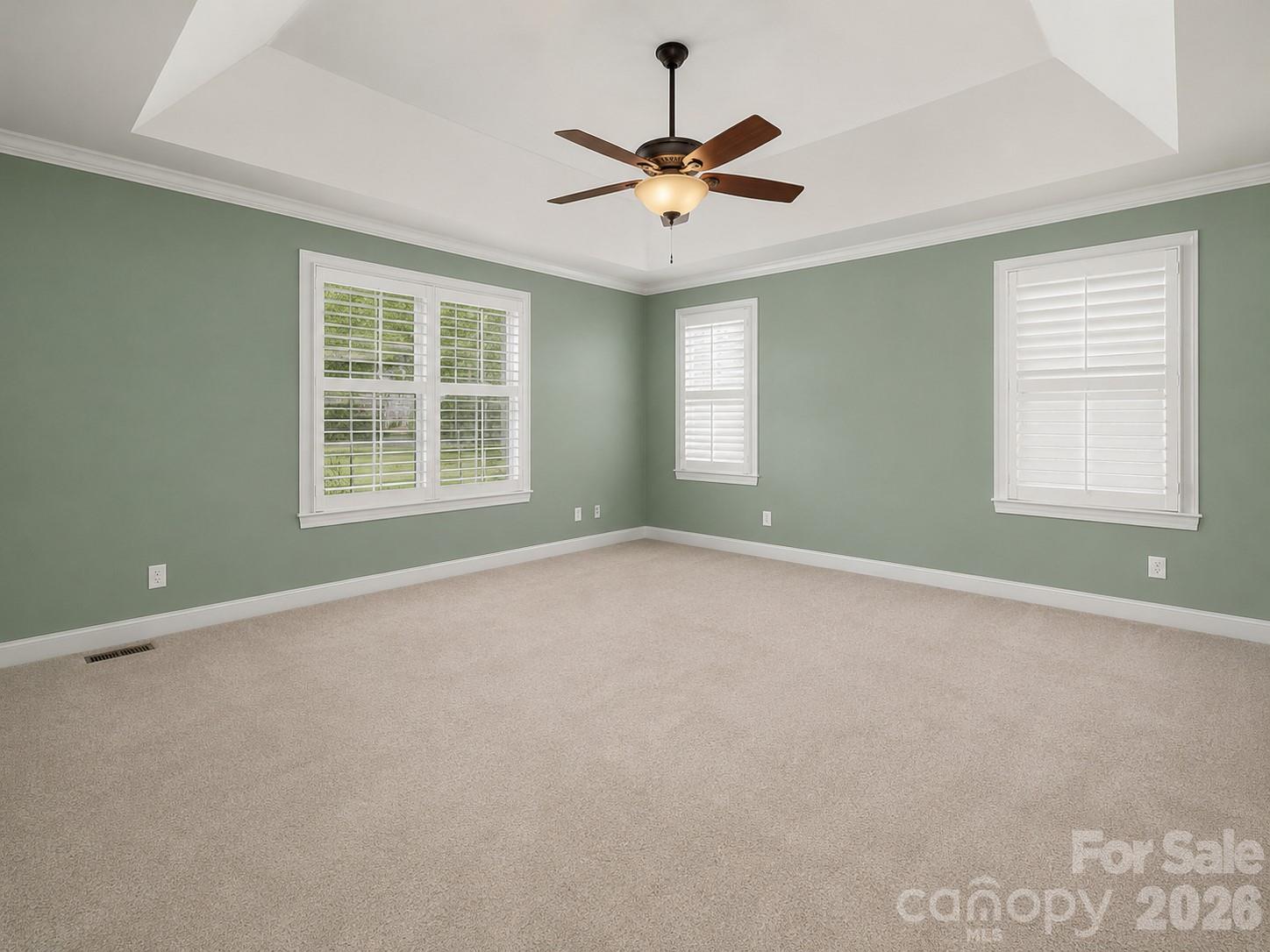 Empty bedroom with sage-green walls, beige carpet, shuttered windows, and a ceiling fan.