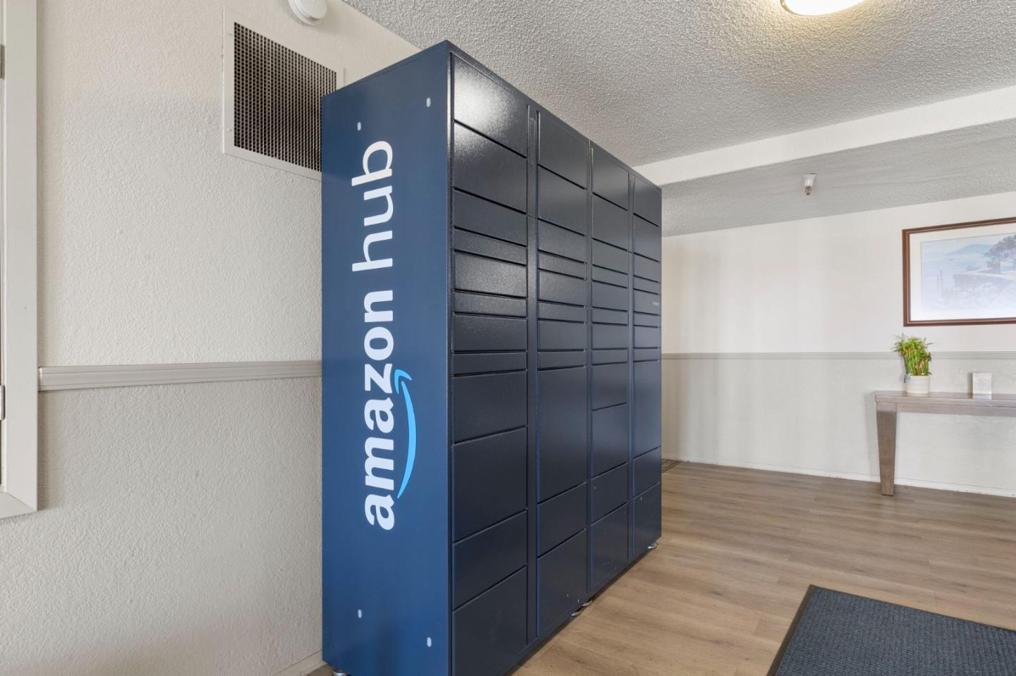 Common area with dark blue Amazon Hub package lockers and wood-look flooring.