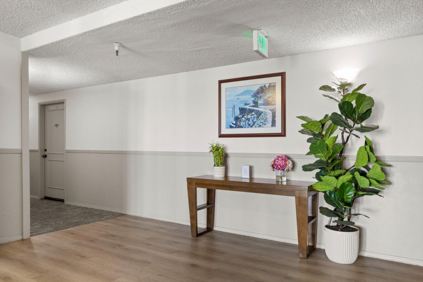 Apartment hallway with a wooden console table, potted plants, and framed artwork.