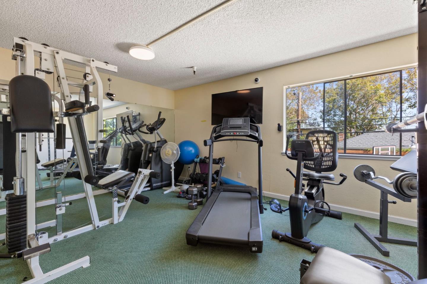 Fitness room with a treadmill, weight machines, and large windows.
