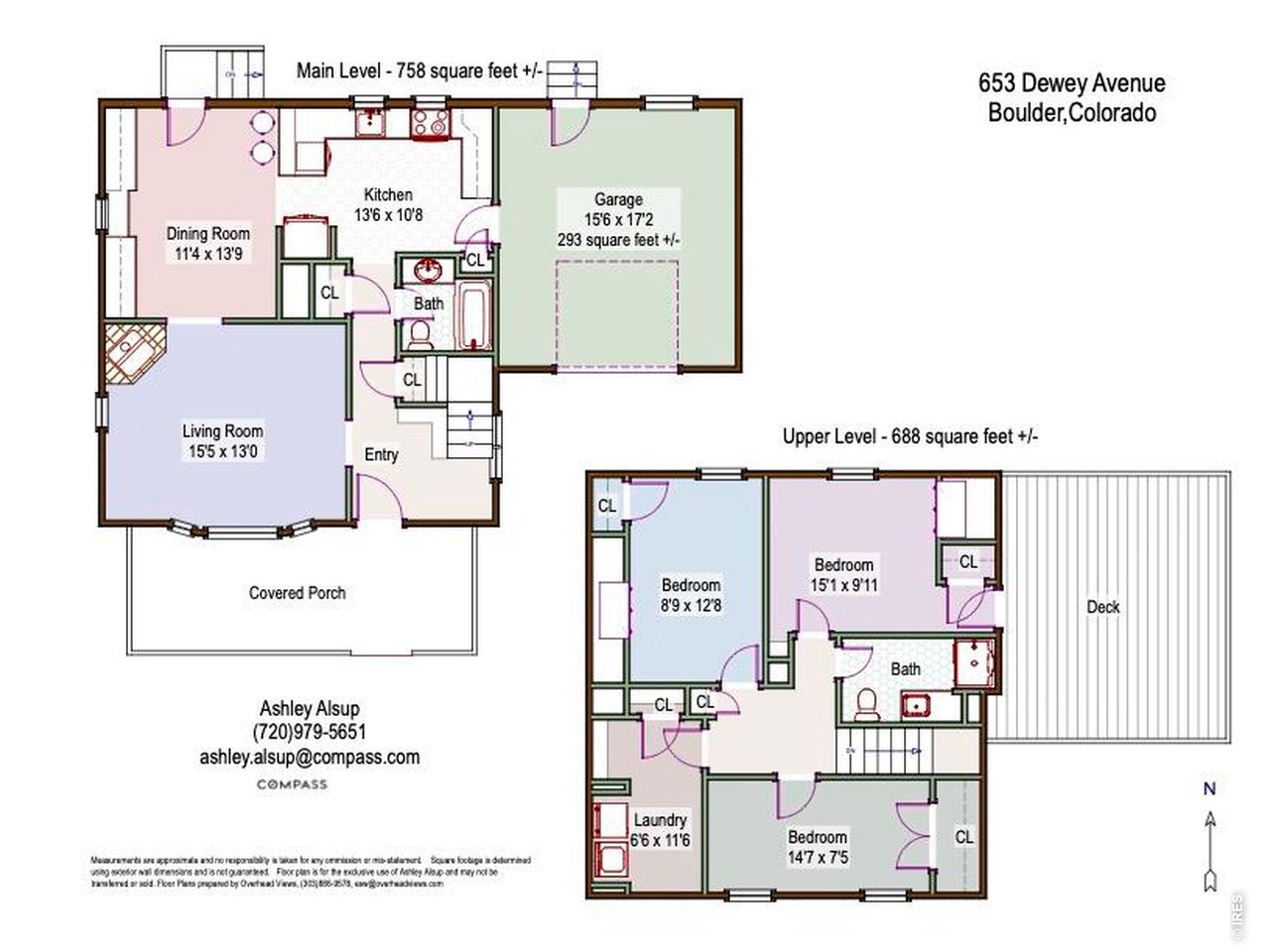Floor plan for 653 Dewey Avenue showing the main and upper levels, garage, porch, and deck.