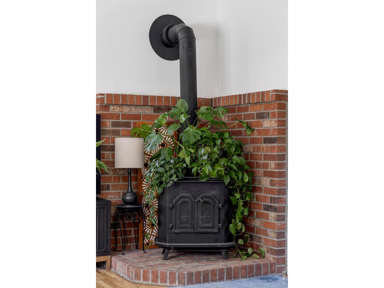 Black wood stove with leafy plants against a brick fireplace surround.
