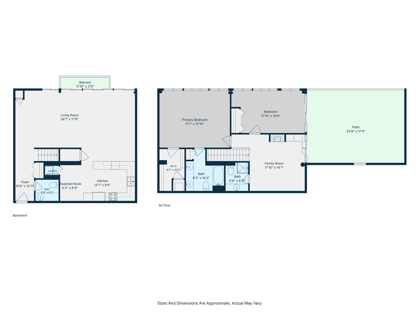 Two-level floor plan showing a basement with balcony and a first floor with two bedrooms and a large patio.