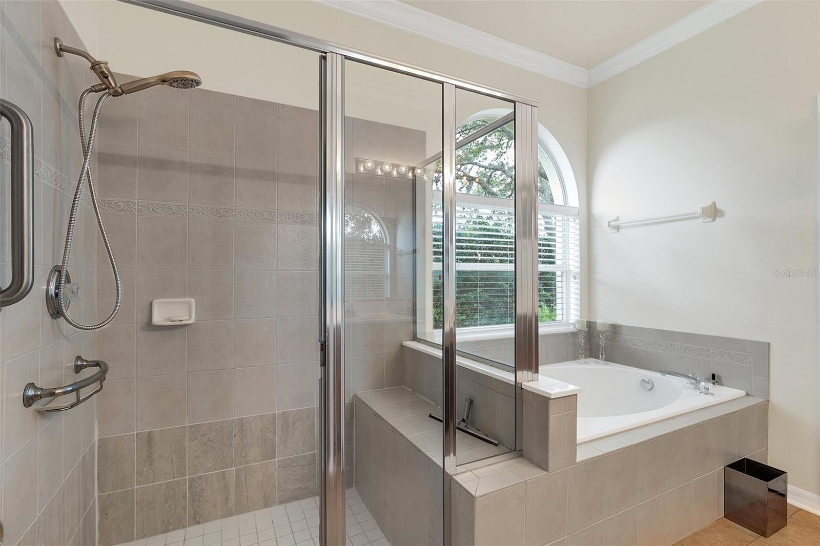 Bathroom with a glass-enclosed shower and built-in soaking tub beneath an arched window.