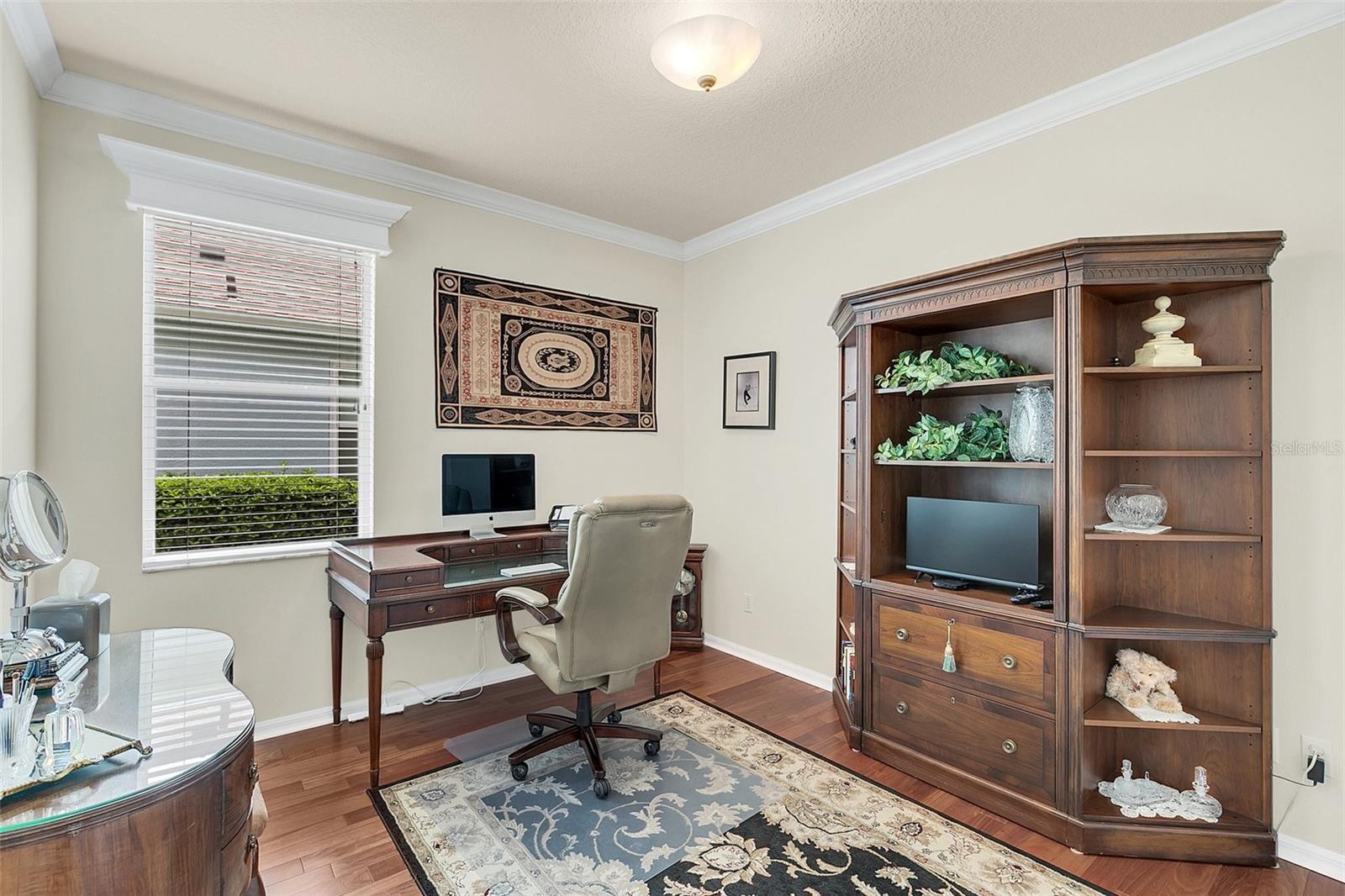 Furnished home office with a dark wood desk, matching bookcase, and patterned rug.