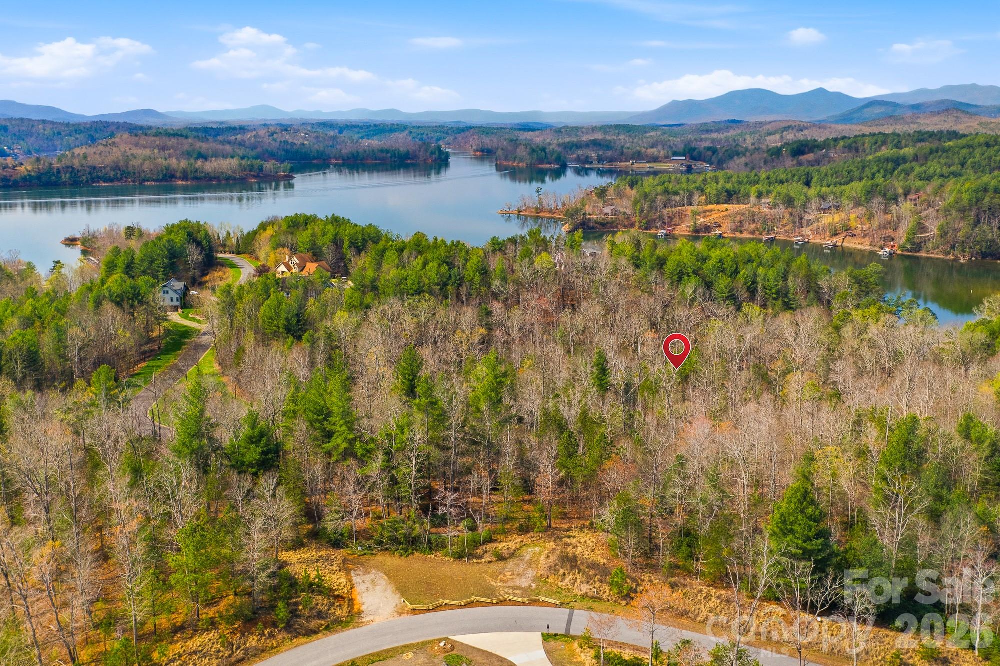 Aerial view of a wooded lot marked by a red pin, with a lake and mountains beyond.