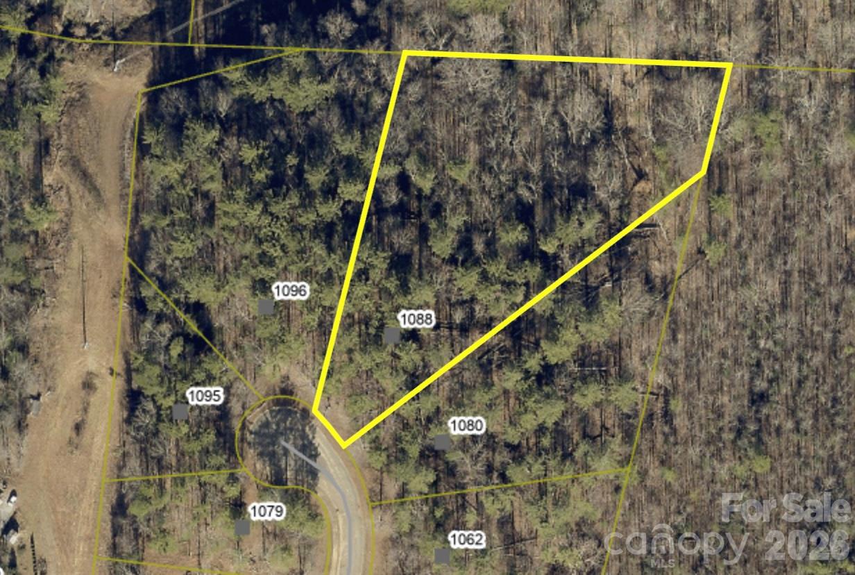 Wooded lot at 1088 outlined in yellow beside a curved road.