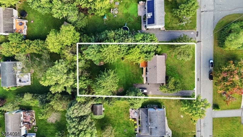 Aerial view of a tree-filled property outlined in white, with a house beside the road.