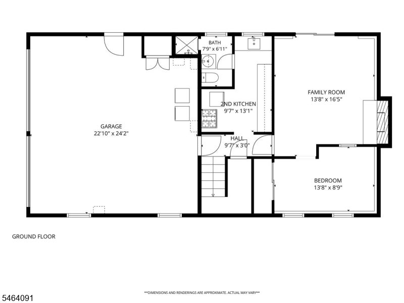 Ground-floor plan showing a garage, second kitchen, family room, bedroom, bathroom, and hall.