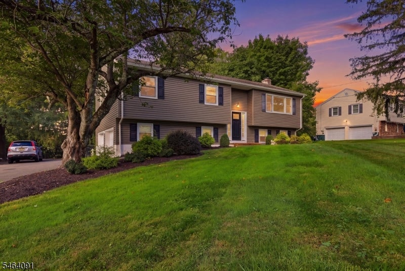 Split-level home with gray siding and blue shutters, framed by a large tree and sloping lawn at dusk.