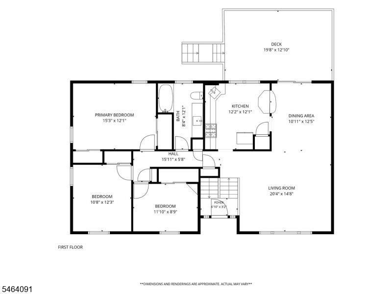 First-floor plan showing three bedrooms, kitchen, dining and living areas, and a large deck.