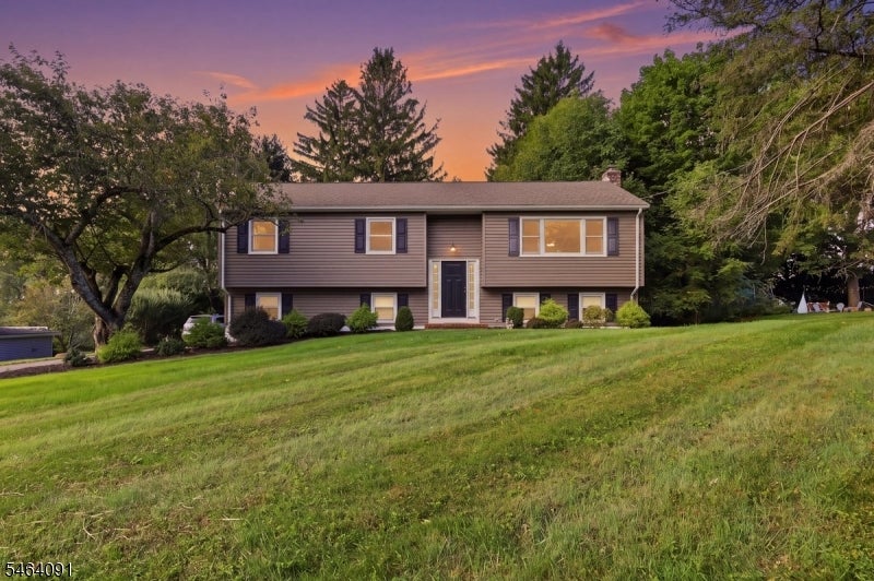 Split-level home with a broad green lawn and mature trees at dusk.