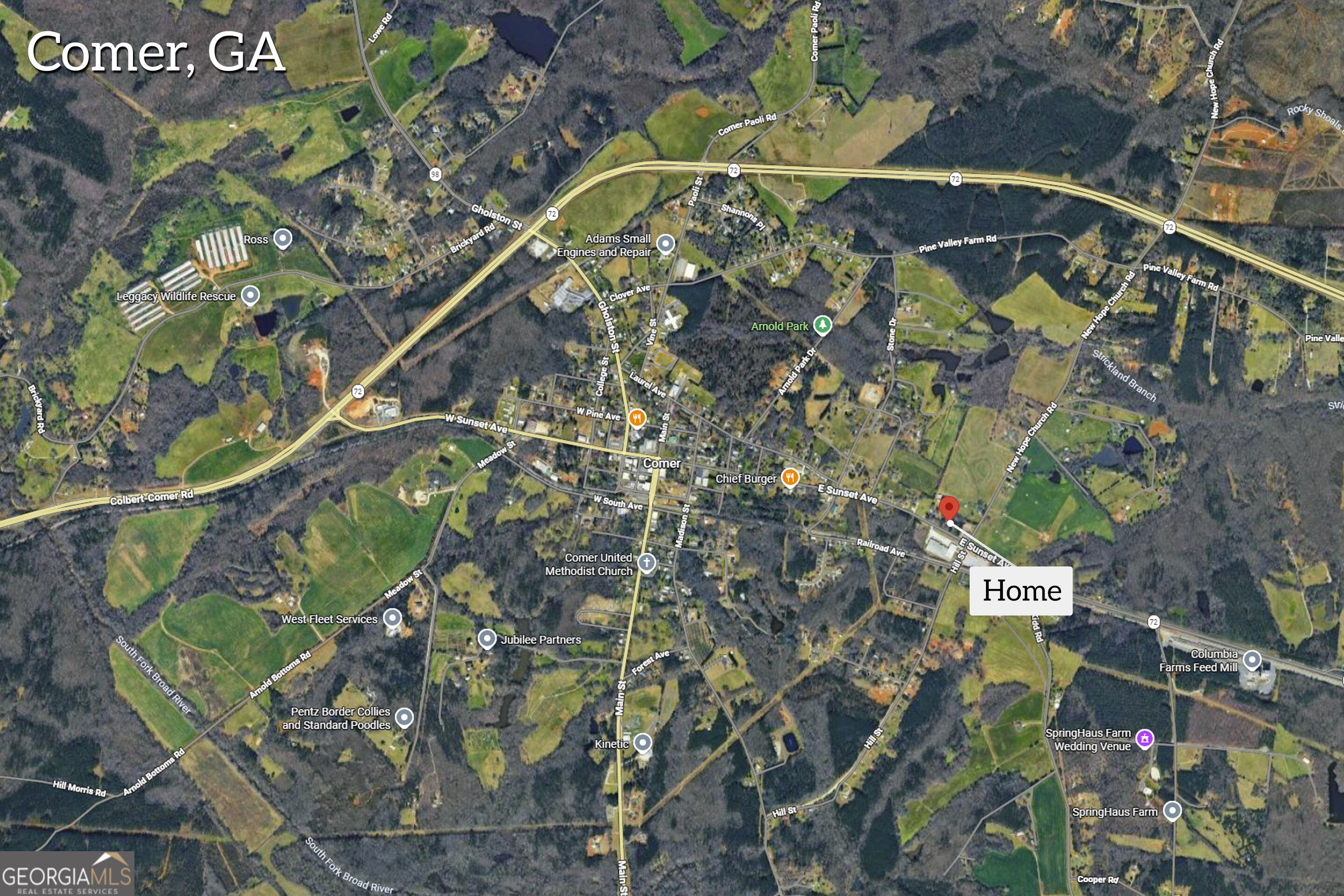 Map marking a home location east of downtown Comer, Georgia, near East Sunset Avenue and Highway 72.