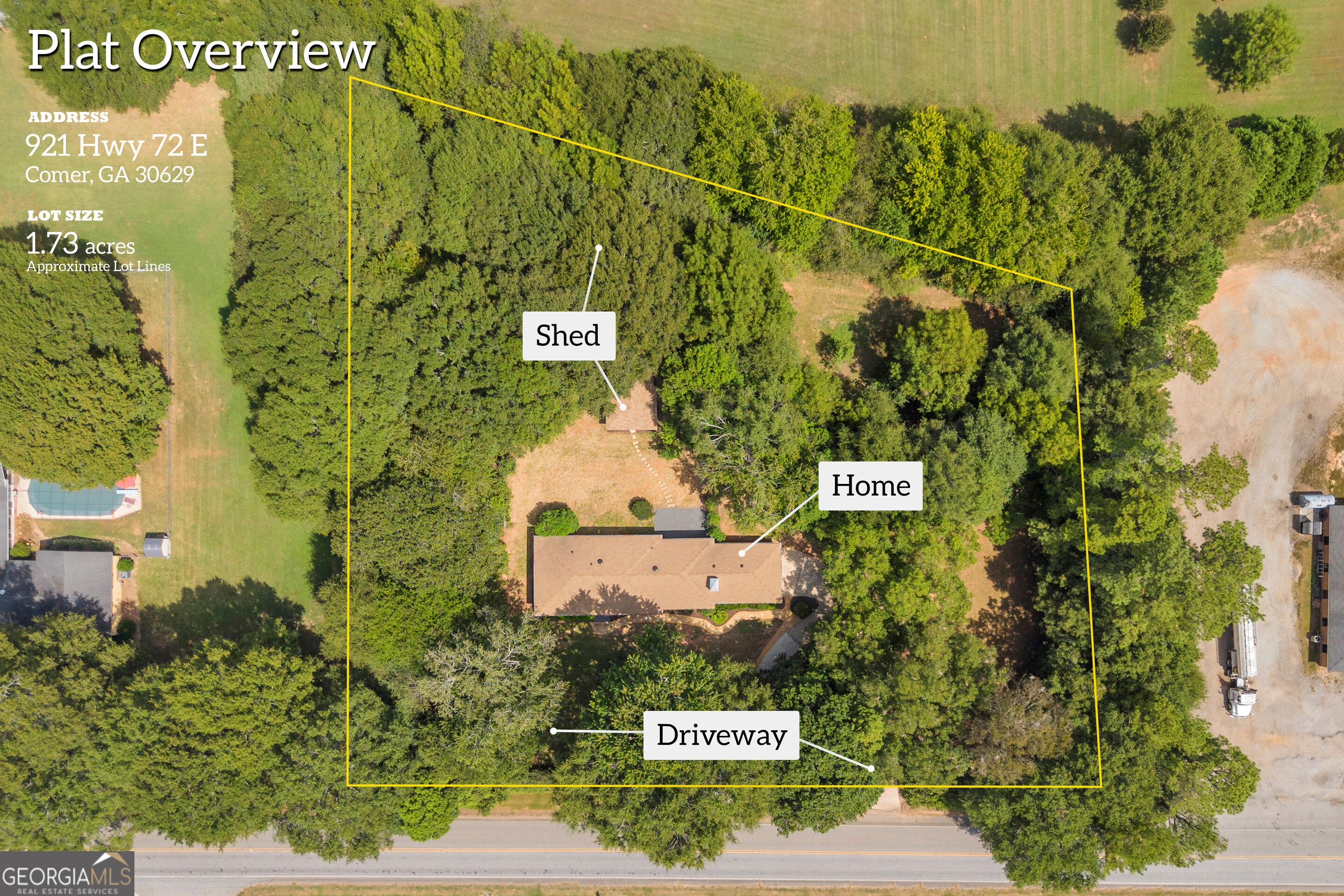 Aerial view of a wooded 1.73-acre lot outlined in yellow, with the home, shed, and driveway labeled.