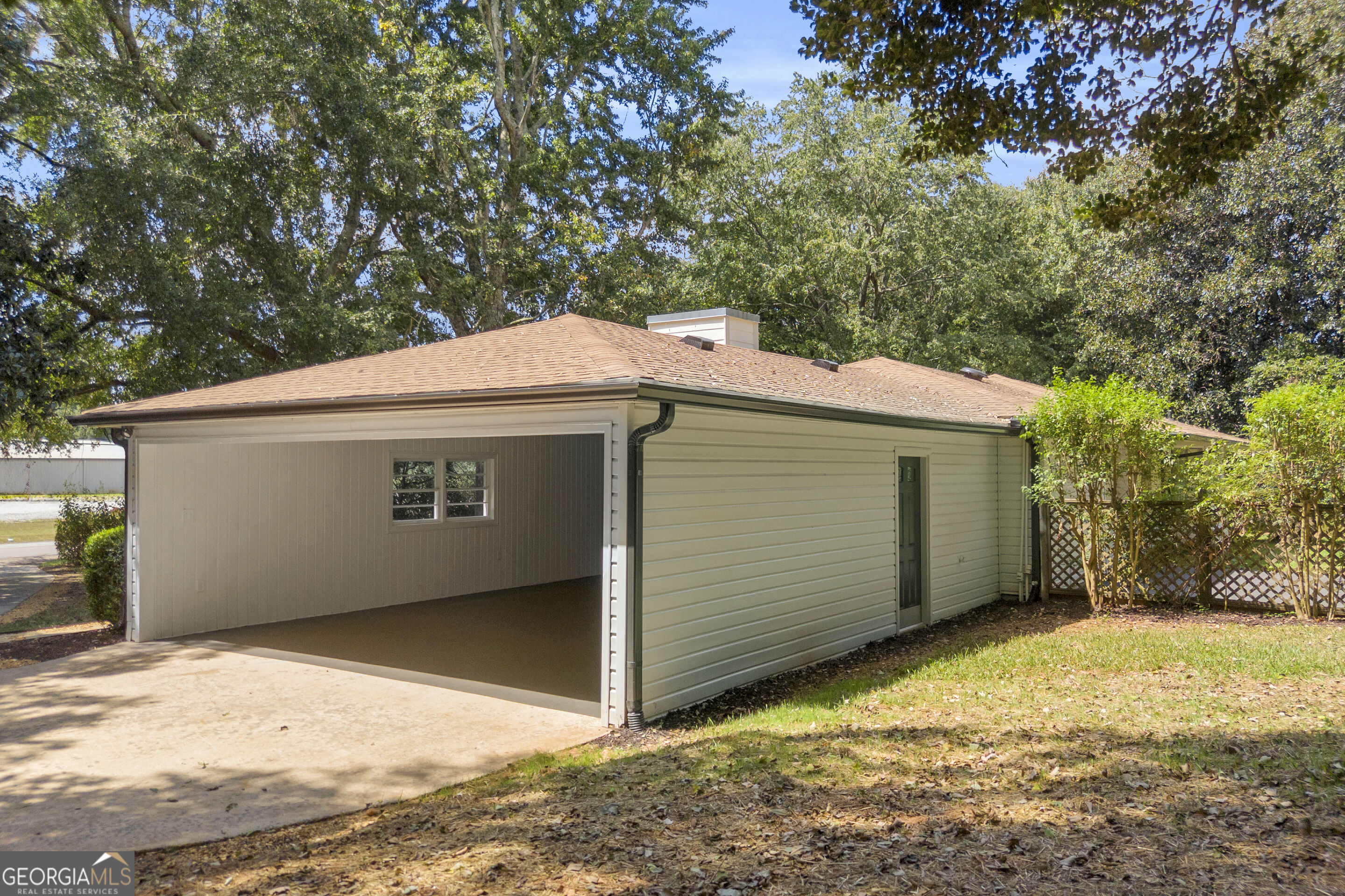 Garage with a wide open bay, concrete driveway, and side entry door beneath leafy trees.