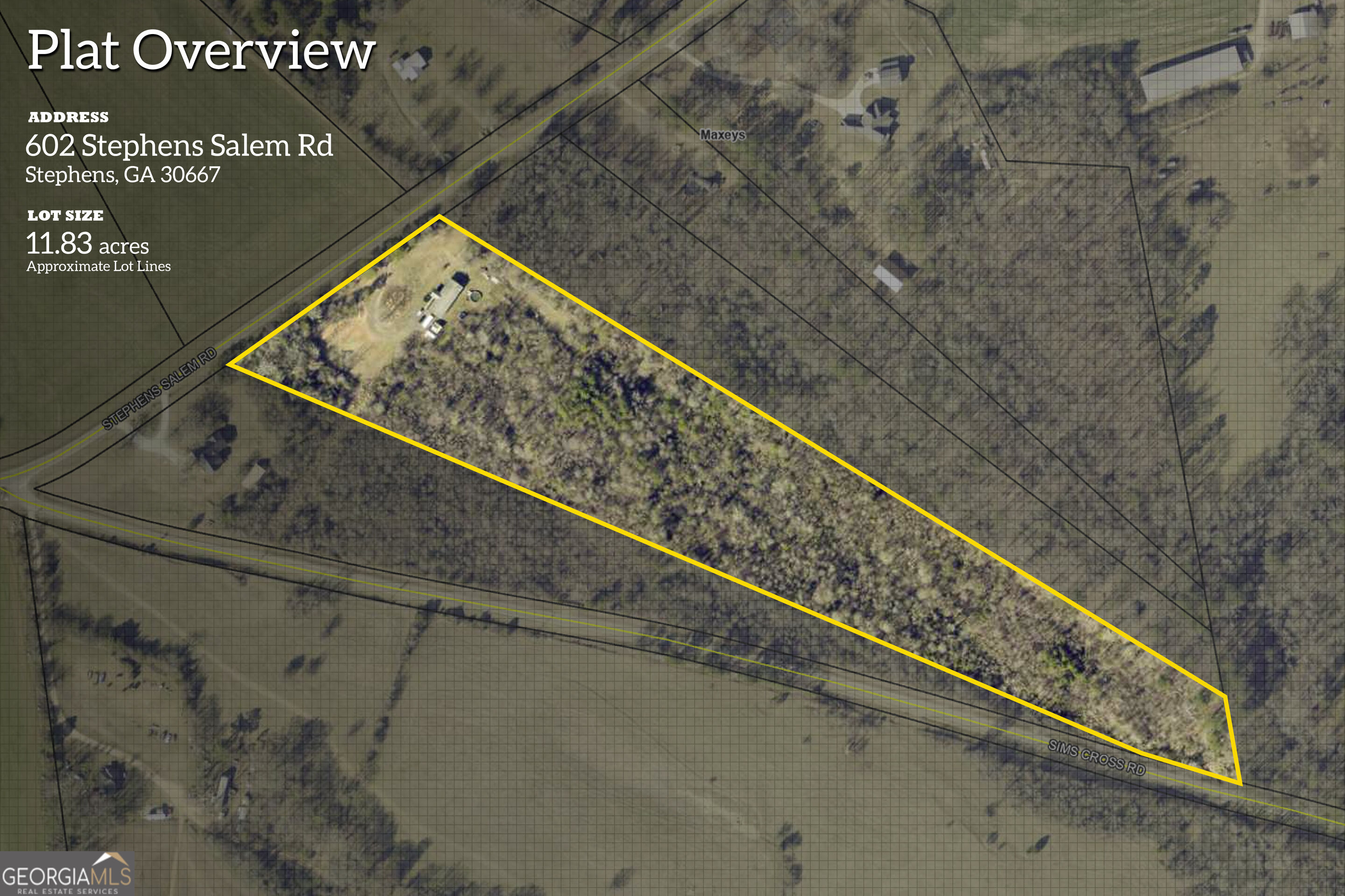 Plat map outlining the 11.83-acre parcel at 602 Stephens Salem Road in yellow.