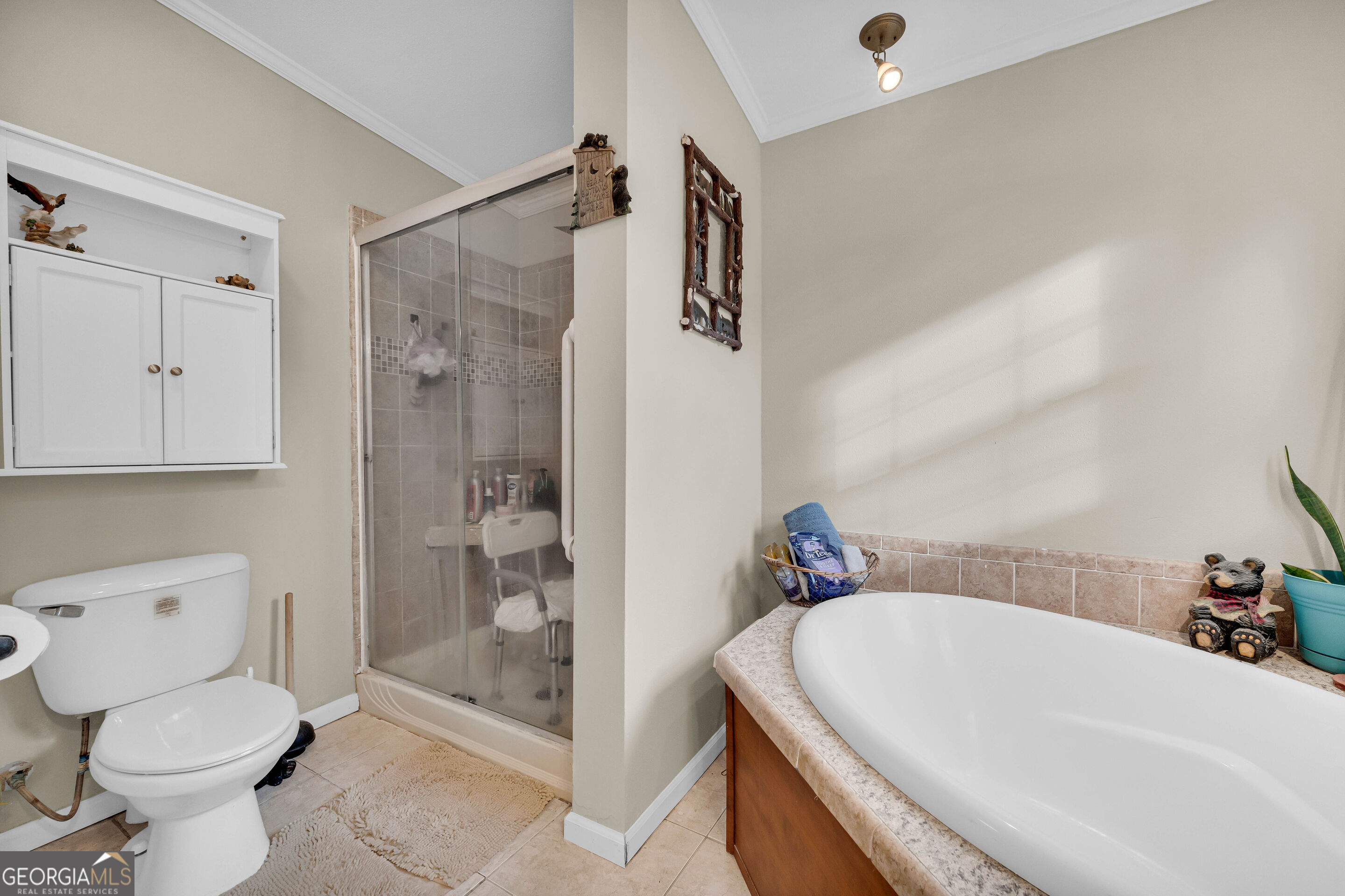 Bathroom with a glass-enclosed tiled shower, white bathtub, and toilet beneath a wall cabinet.