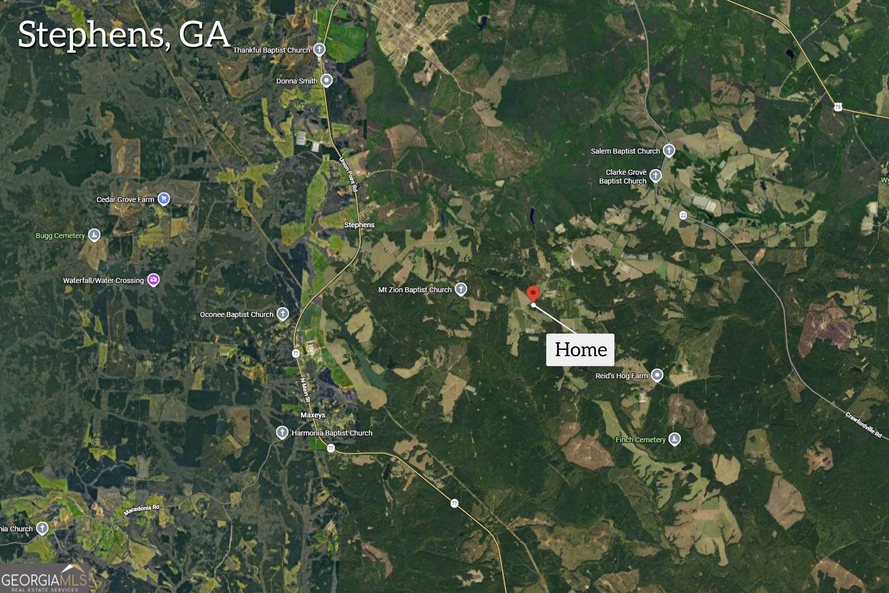 Map marking the home near Stephens, Georgia, amid wooded land and fields.