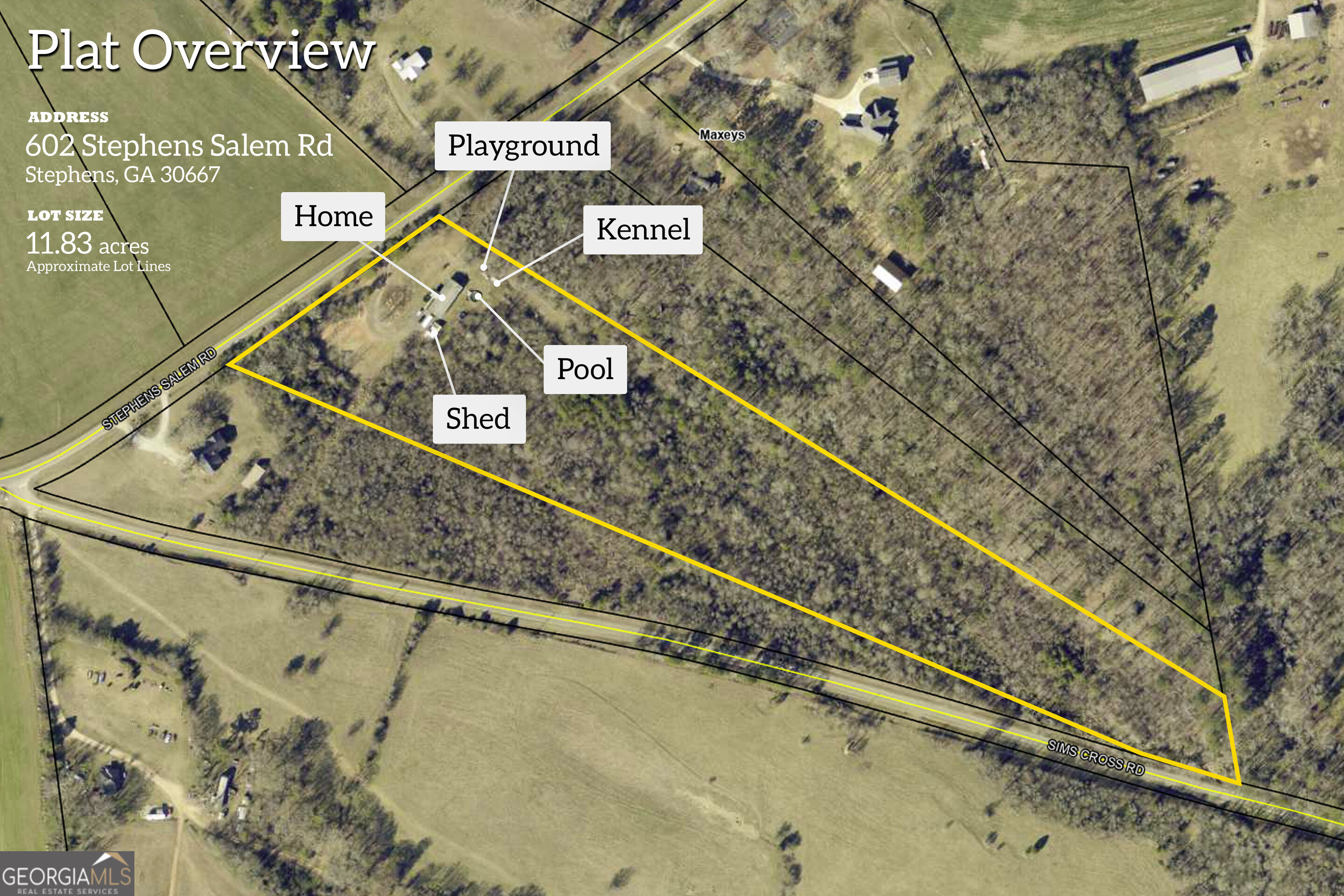 Aerial map outlines the 11.83-acre property and labels the home, playground, kennel, pool, and shed.