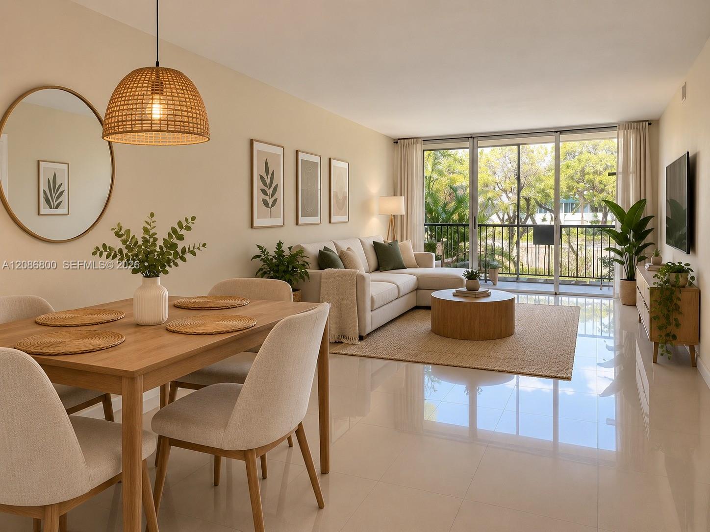 Open-plan living and dining room with a white sofa and leafy balcony view.