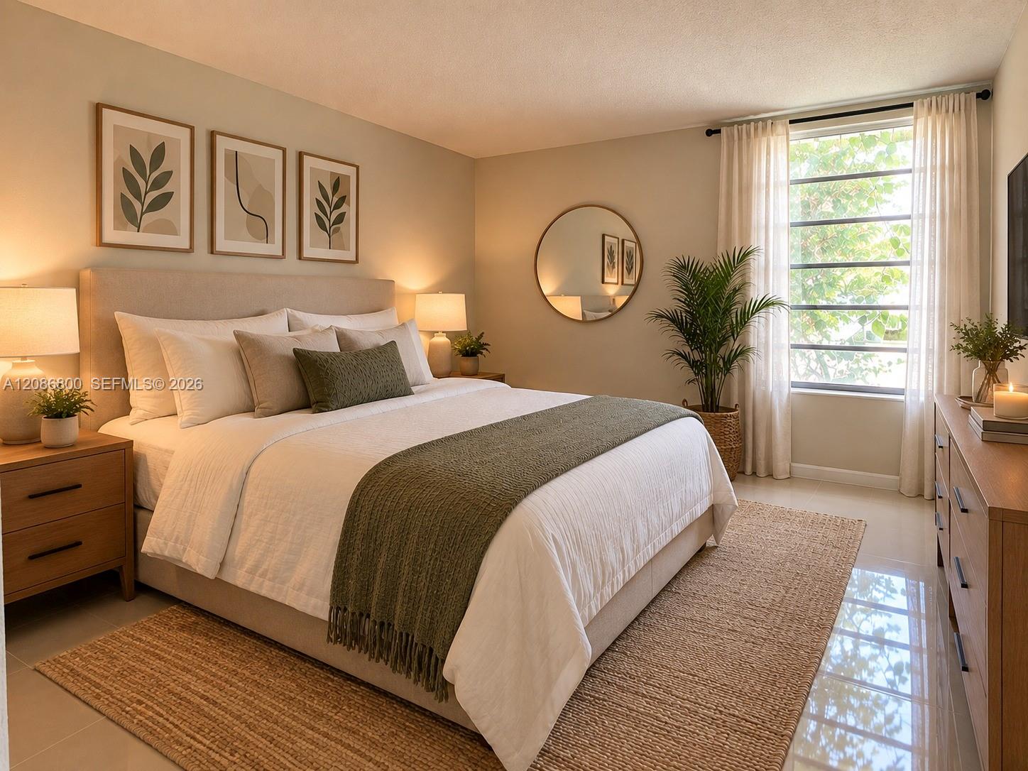 Staged bedroom with a white bed, olive-green throw, botanical prints, and a bright window.