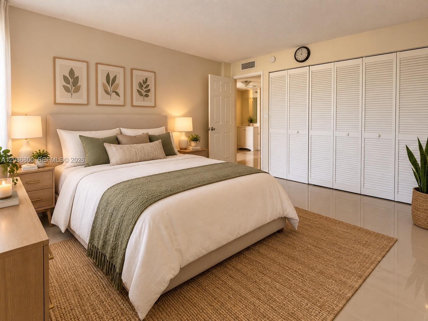 Bedroom with a white bed, green throw, botanical prints, and white louvered closet doors.