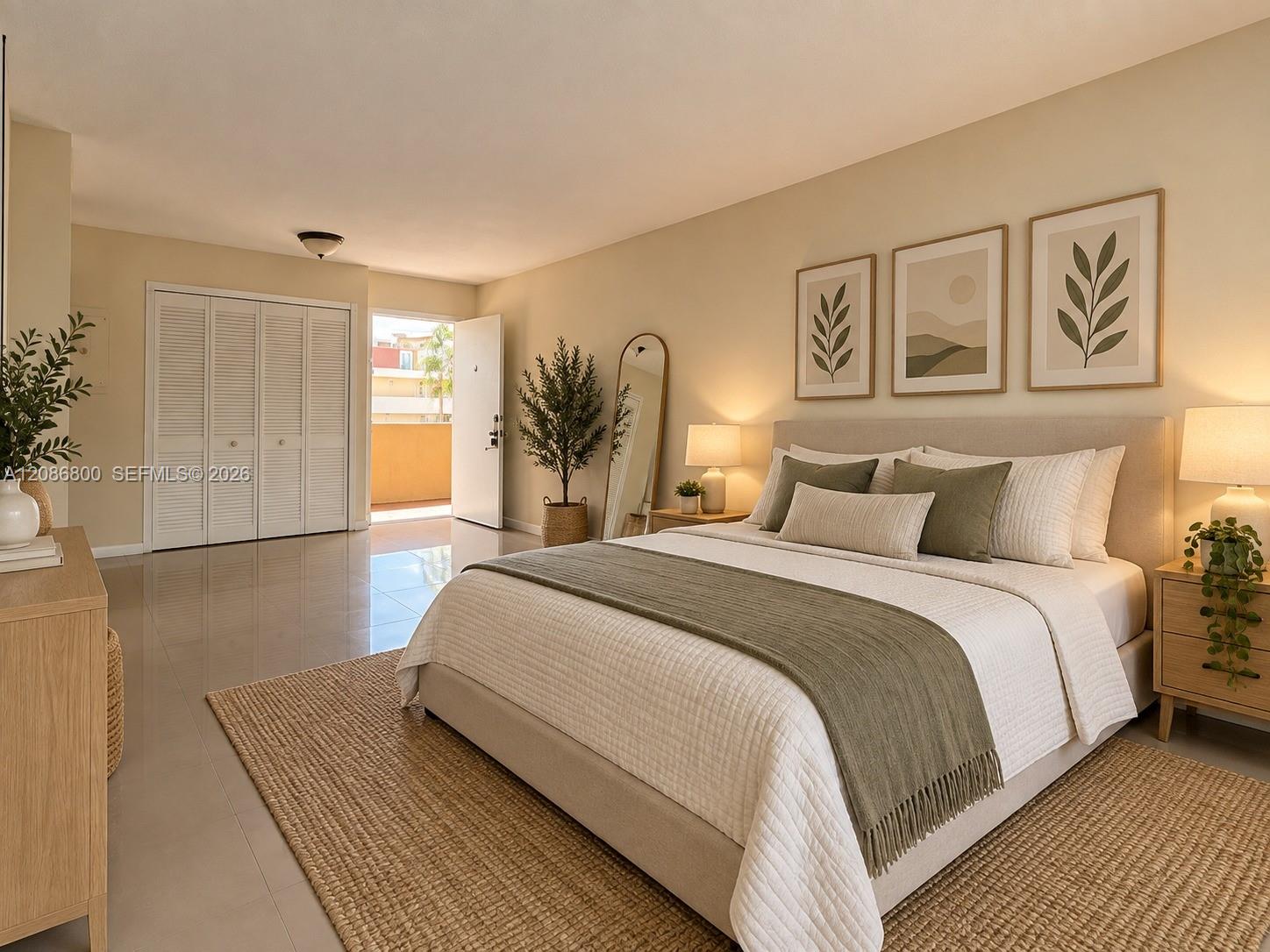 Staged bedroom with a large white bed, gray throw, botanical prints, and an open balcony door.