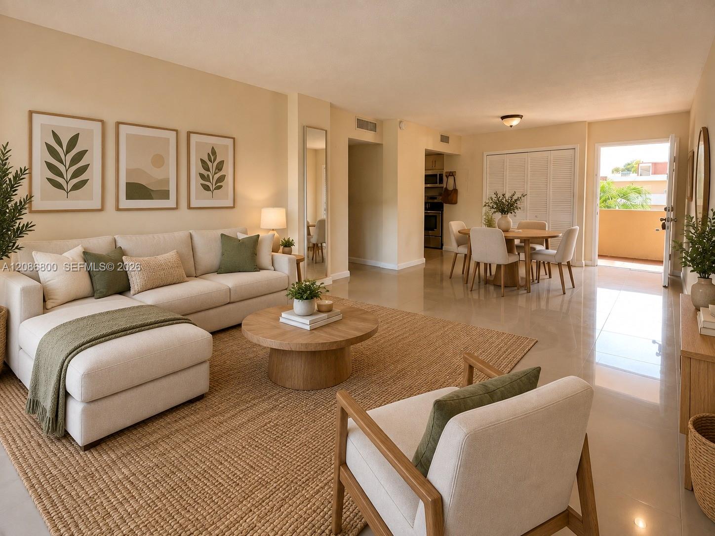 Staged condo living and dining area with cream sectional, round coffee table, and open balcony door.