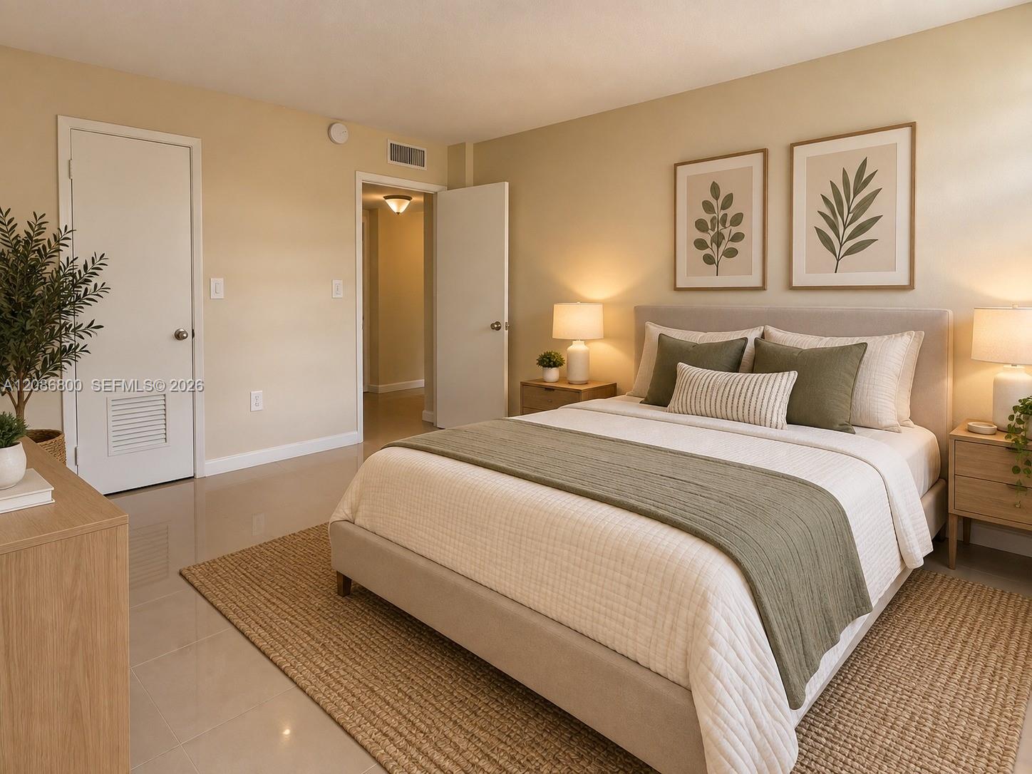 Staged bedroom with a large bed, sage accents, botanical prints, and a woven rug.