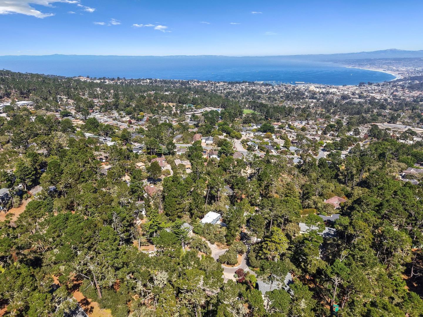 Aerial view of a wooded Monterey neighborhood overlooking Monterey Bay and the curving coastline.