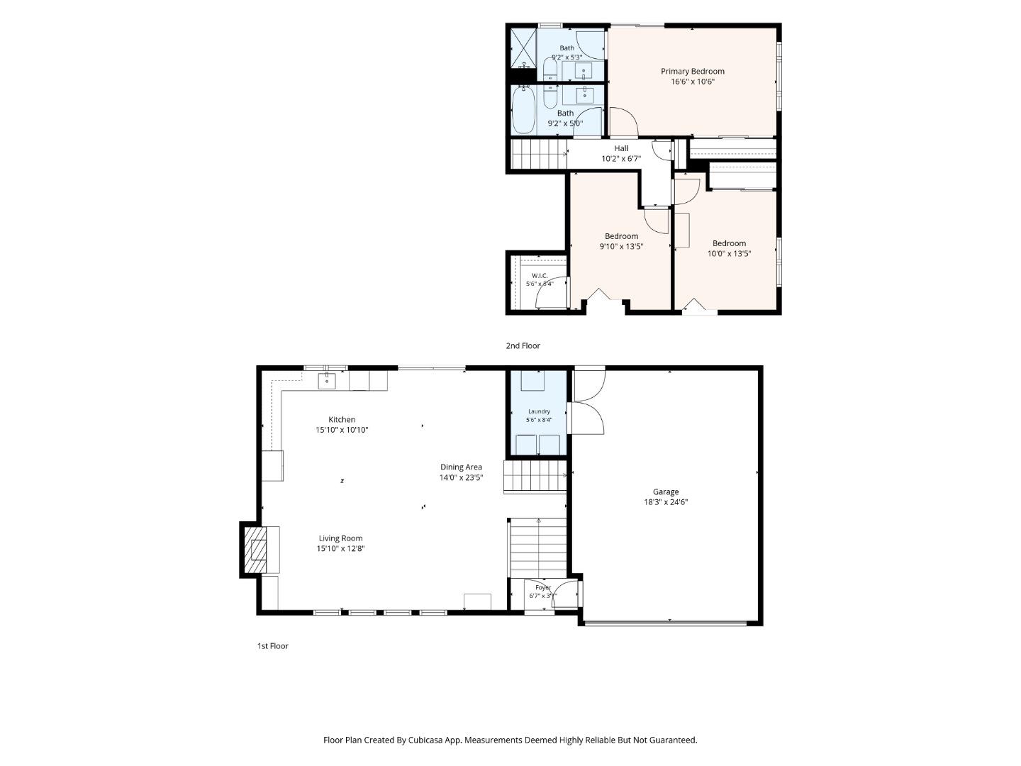 Two-story floor plan with three upstairs bedrooms, two bathrooms, open living and dining areas, and a garage.