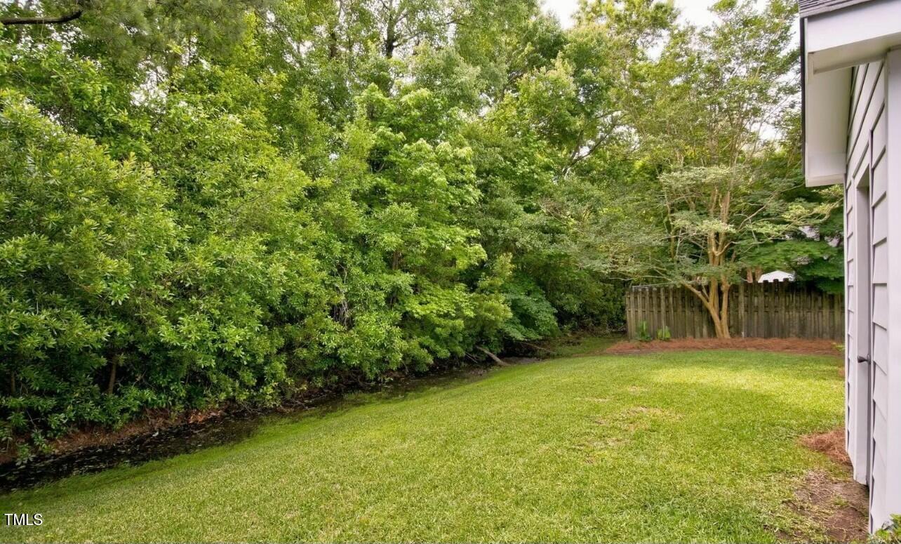 Grassy backyard with a narrow creek bordered by dense trees beside the house.