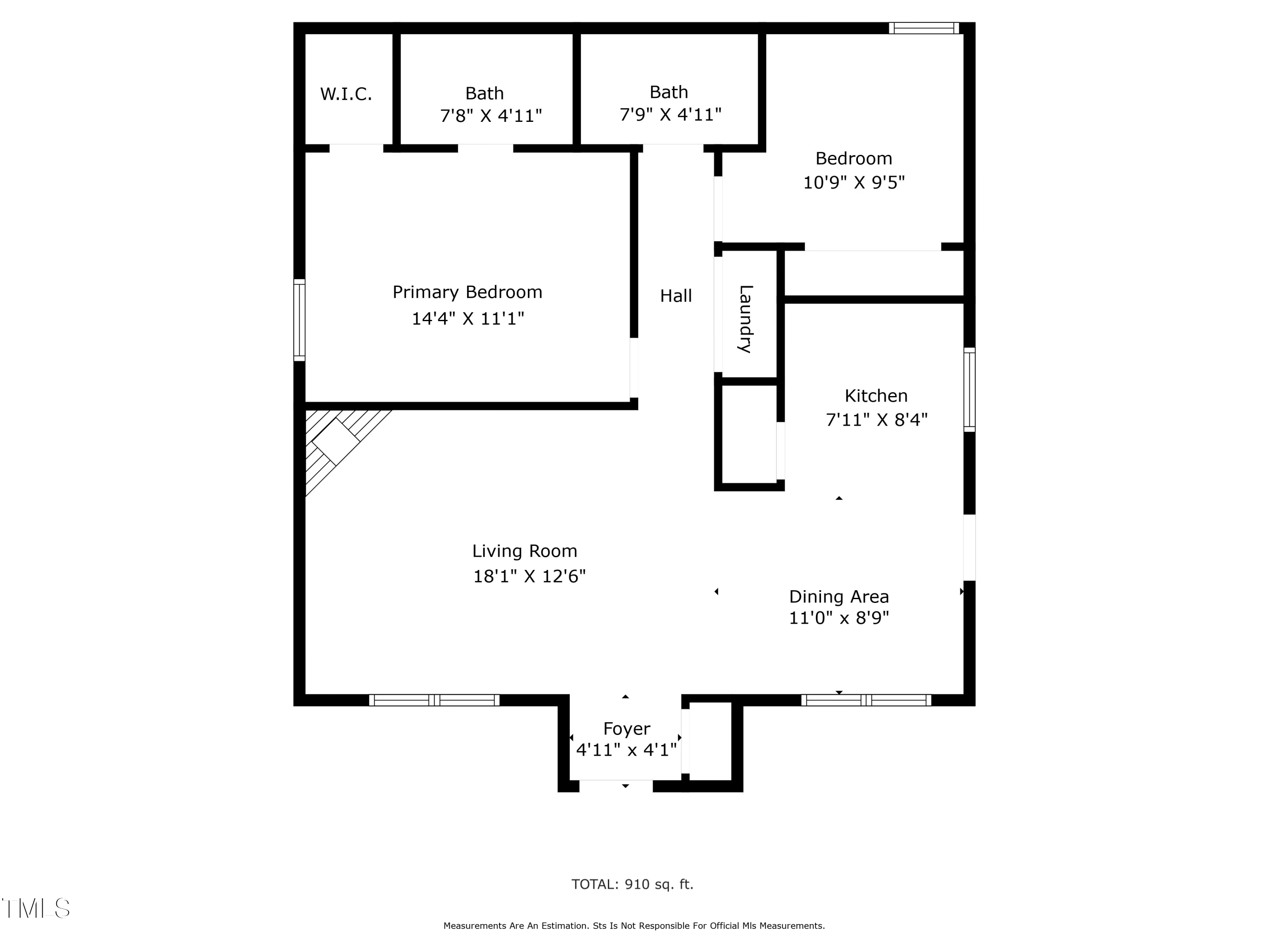 Floor plan showing two bedrooms, two bathrooms, living and dining areas, kitchen, and a 910-square-foot total.