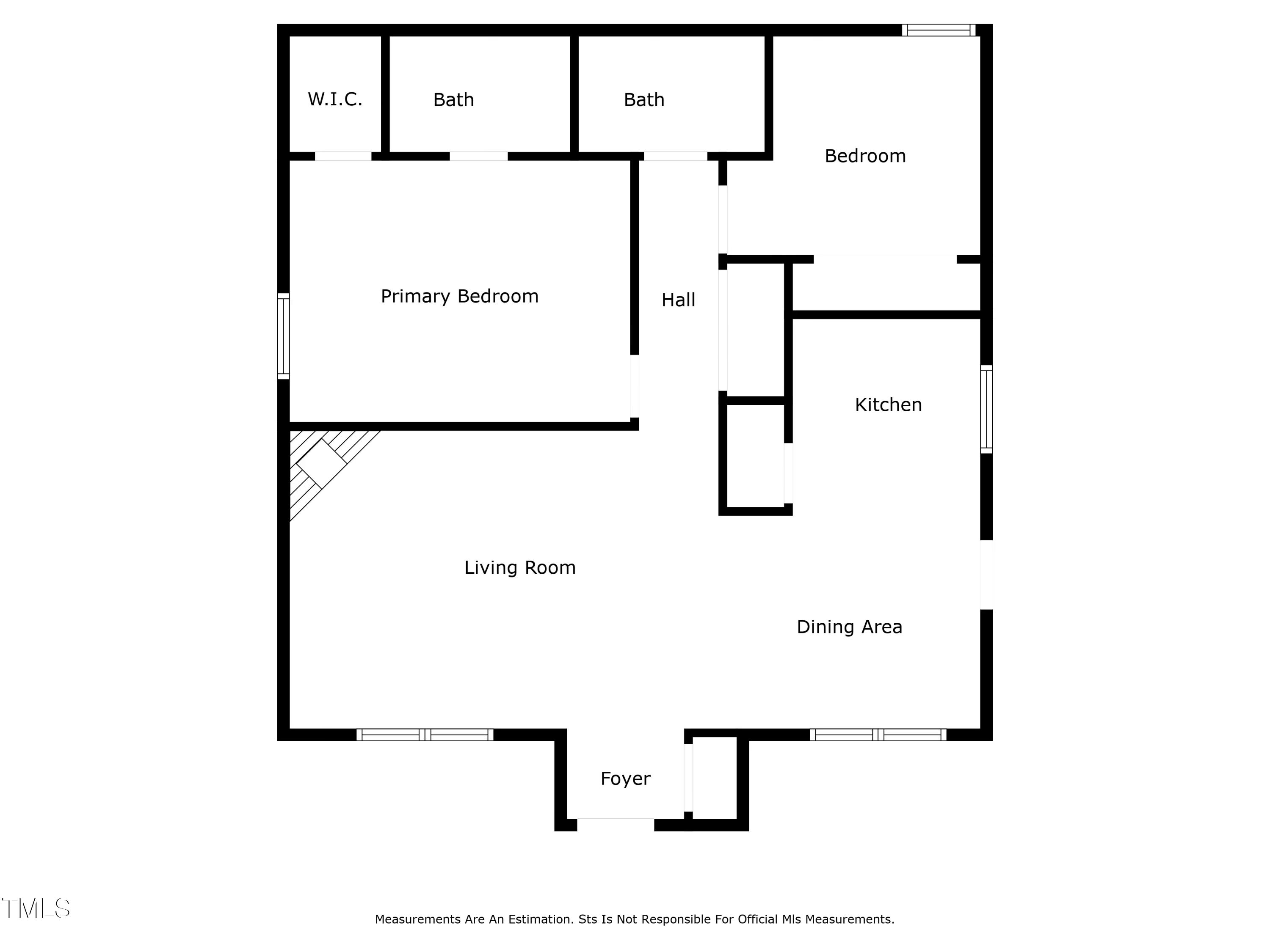 Floor plan showing a primary bedroom, bedroom, two baths, kitchen, living room, dining area, and foyer.