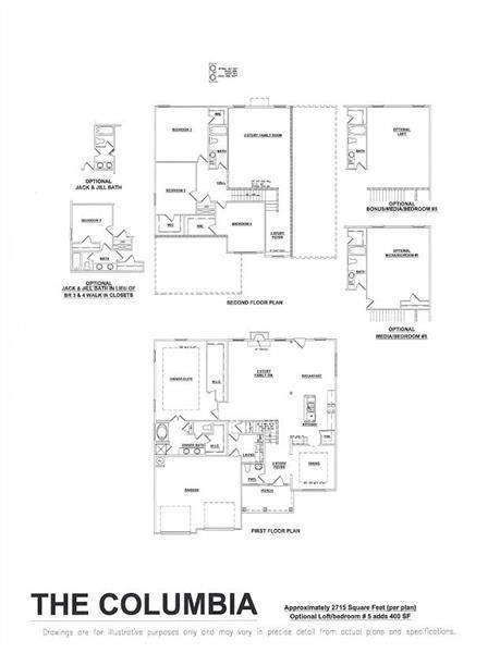 The Columbia home floor plan, showing first and second floors and optional room layouts.